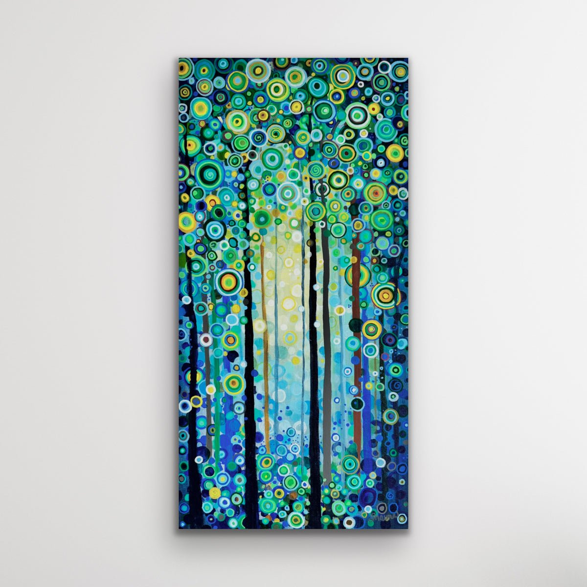 Abstract artwork of a forest with circular patterns on a white background