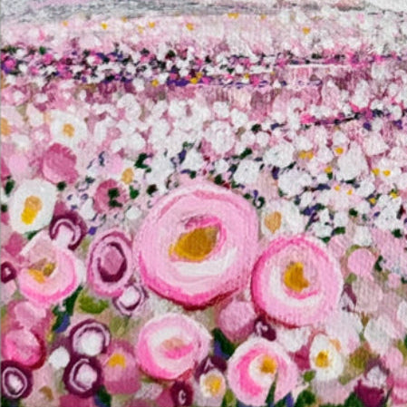 Abstract artwork with pink flowers and circular patterns on a light background