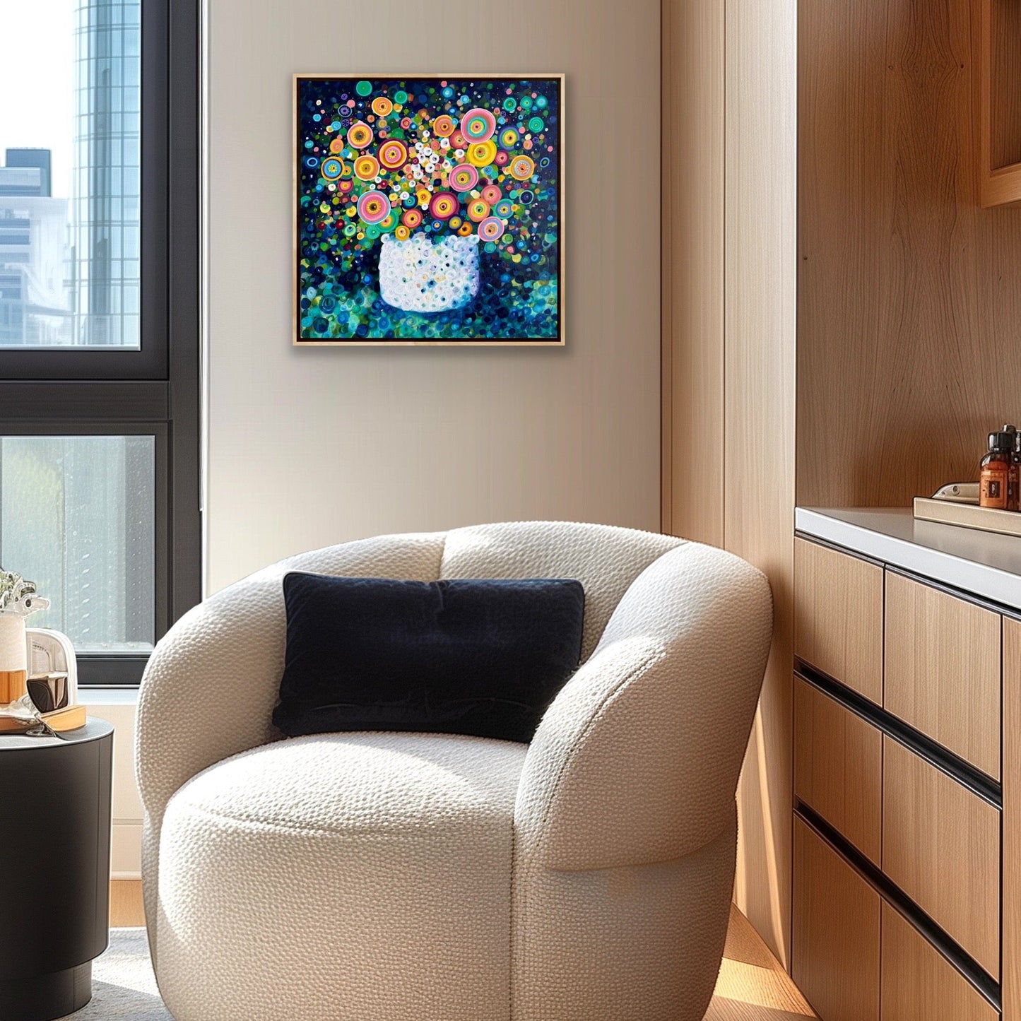 Modern living room with a white armchair, wooden cabinet, and colorful floral painting.