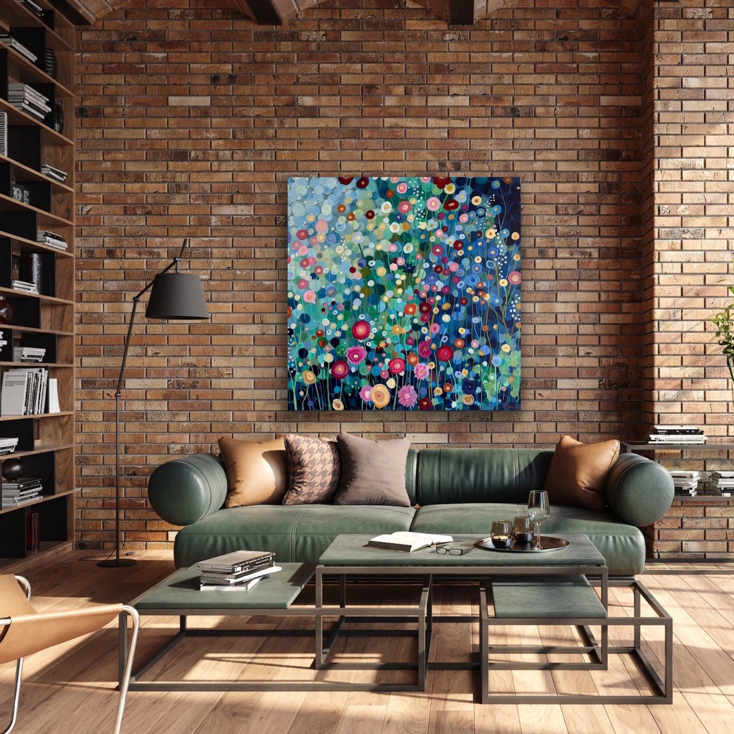 Modern living room with brick wall, green sofa, and colorful abstract painting.