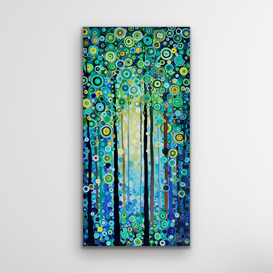 Abstract artwork of a forest with circular patterns on a white background