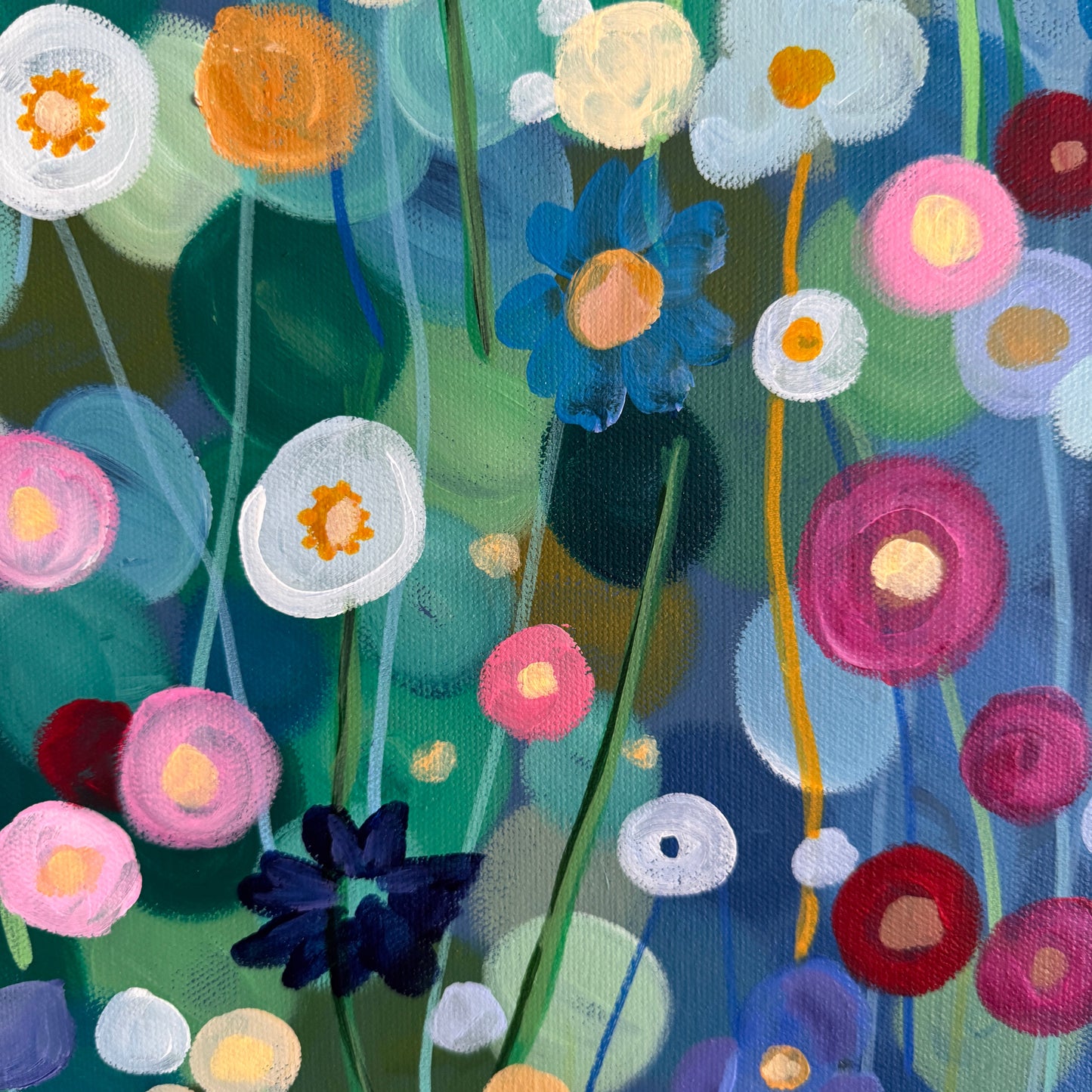 Close-Up: Colourful painting of various flowers on a blue background