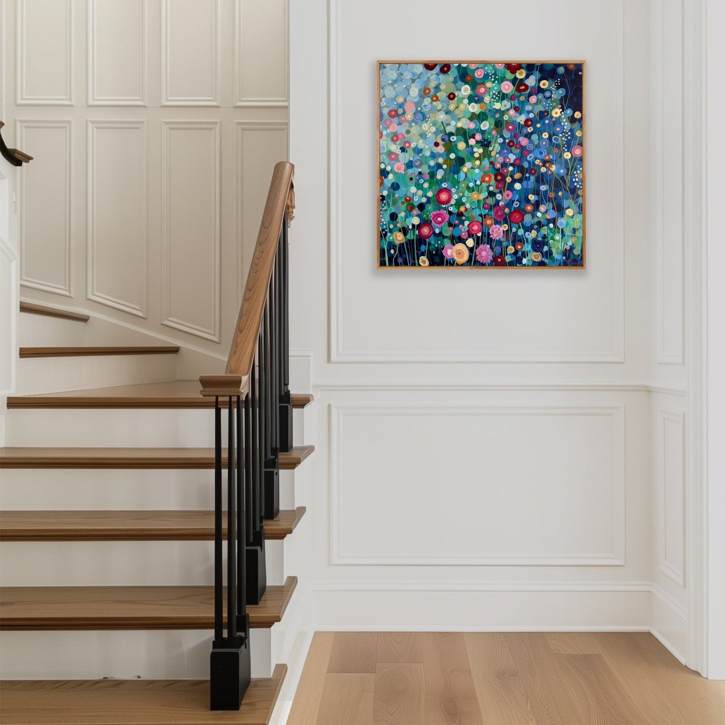 Staircase with a colorful abstract painting on the wall